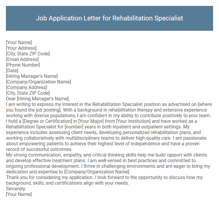 Job Application Letter for Rehabilitation Specialist