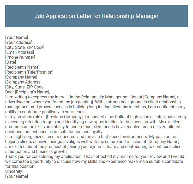 Job Application Letter for Relationship Manager