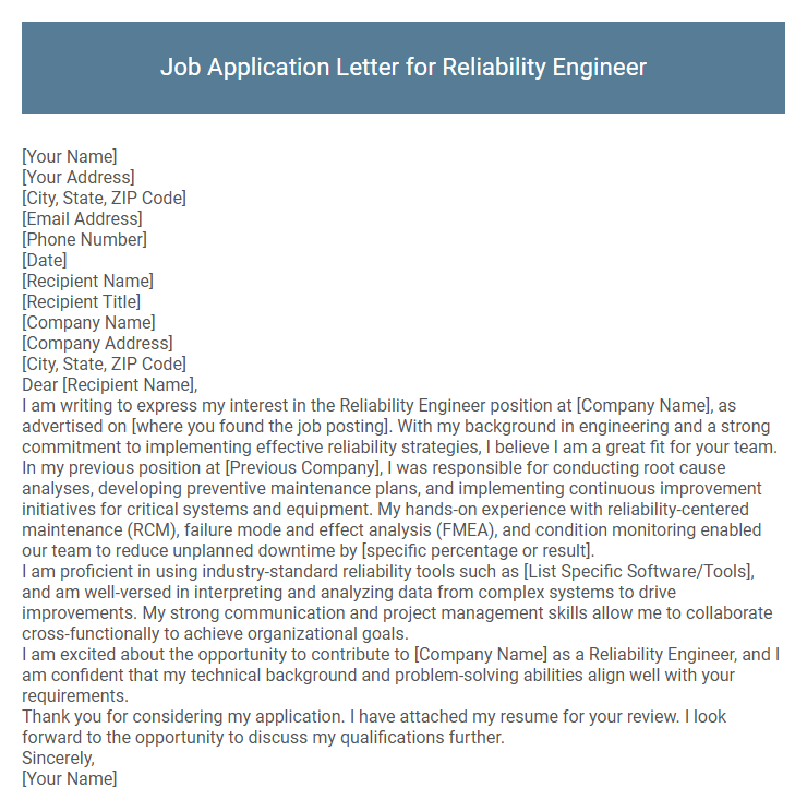 Job Application Letter for Reliability Engineer