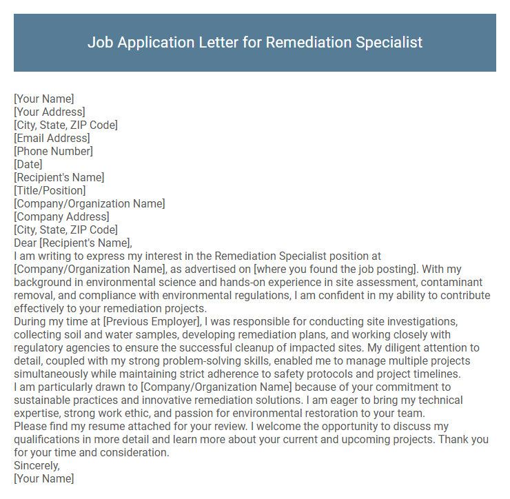 Job Application Letter for Remediation Specialist
