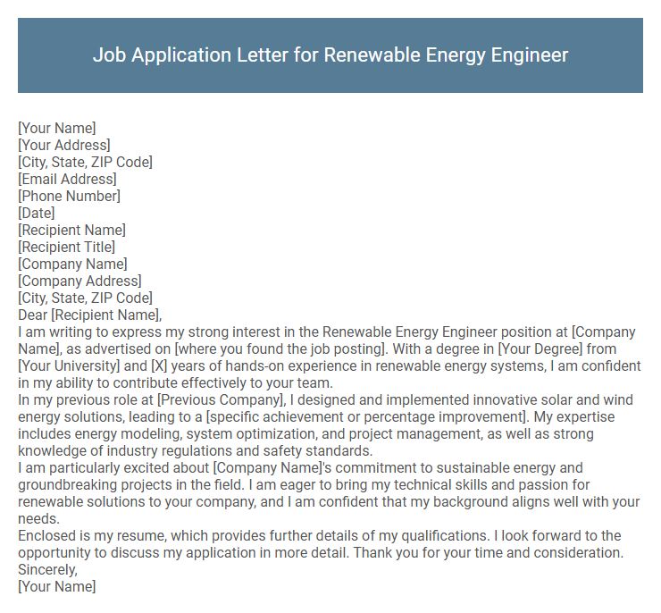 Job Application Letter for Renewable Energy Engineer