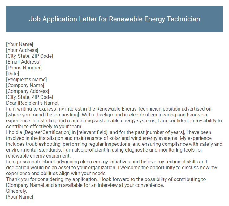 Job Application Letter for Renewable Energy Technician