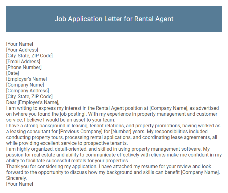 Job Application Letter for Rental Agent