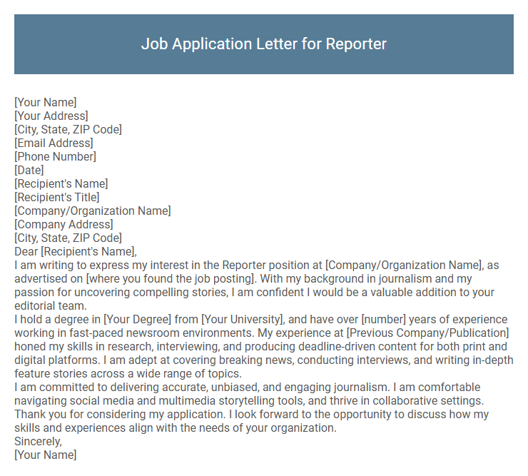 Job Application Letter for Reporter