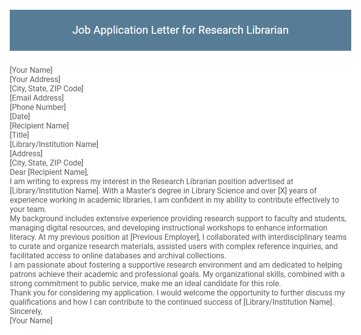 Job Application Letter for Research Librarian