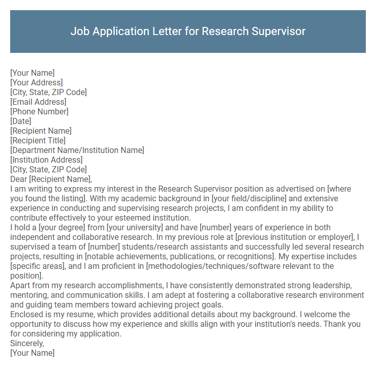Job Application Letter for Research Supervisor