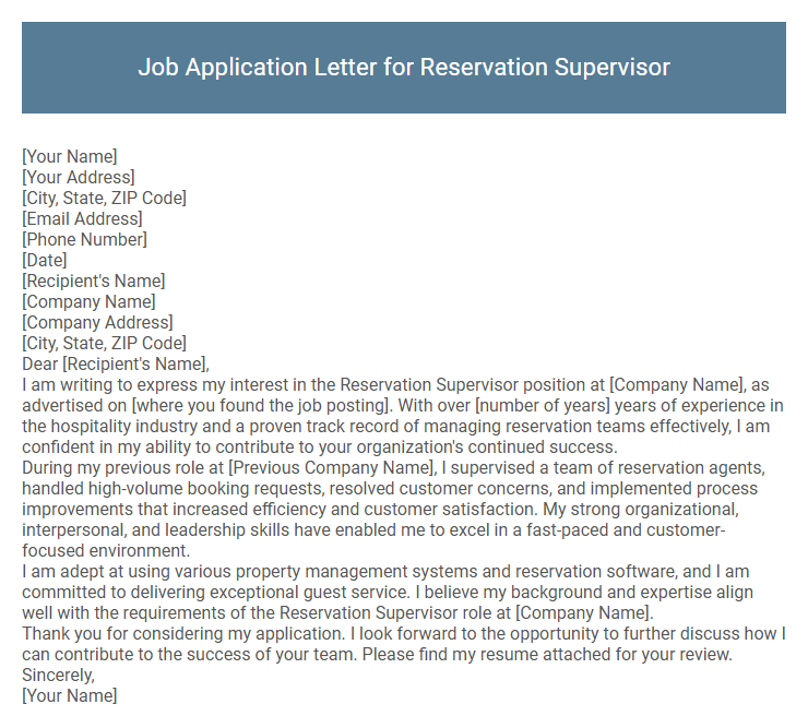 Job Application Letter for Reservation Supervisor