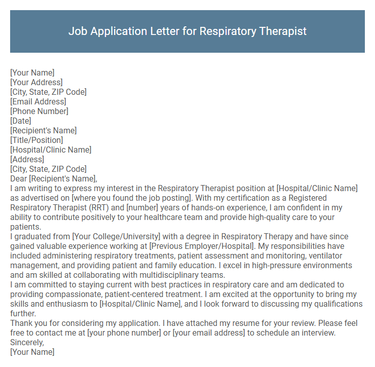 Job Application Letter for Respiratory Therapist