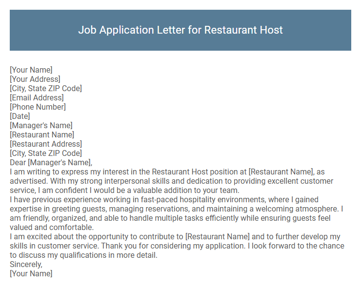 Job Application Letter for Restaurant Host