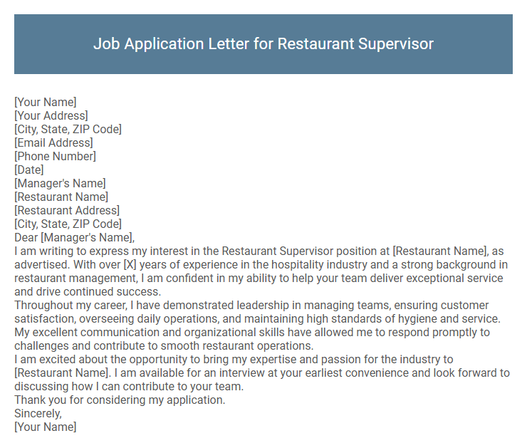 Job Application Letter for Restaurant Supervisor