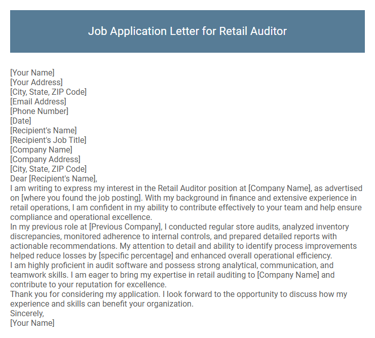Job Application Letter for Retail Auditor