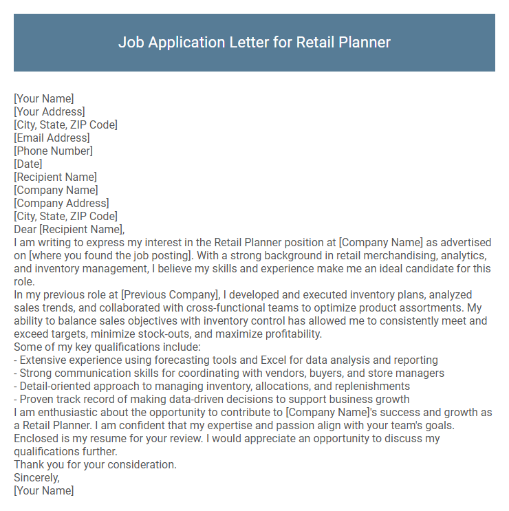 Job Application Letter for Retail Planner
