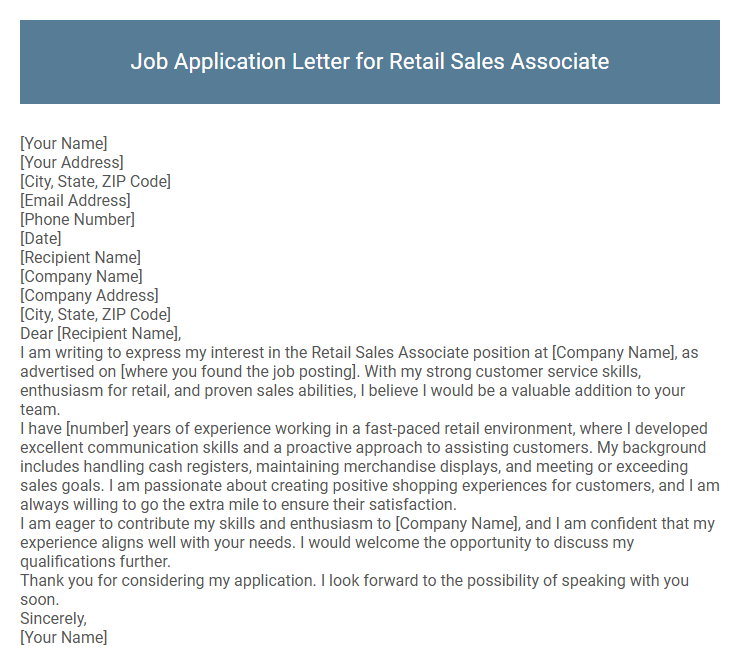 Job Application Letter for Retail Sales Associate