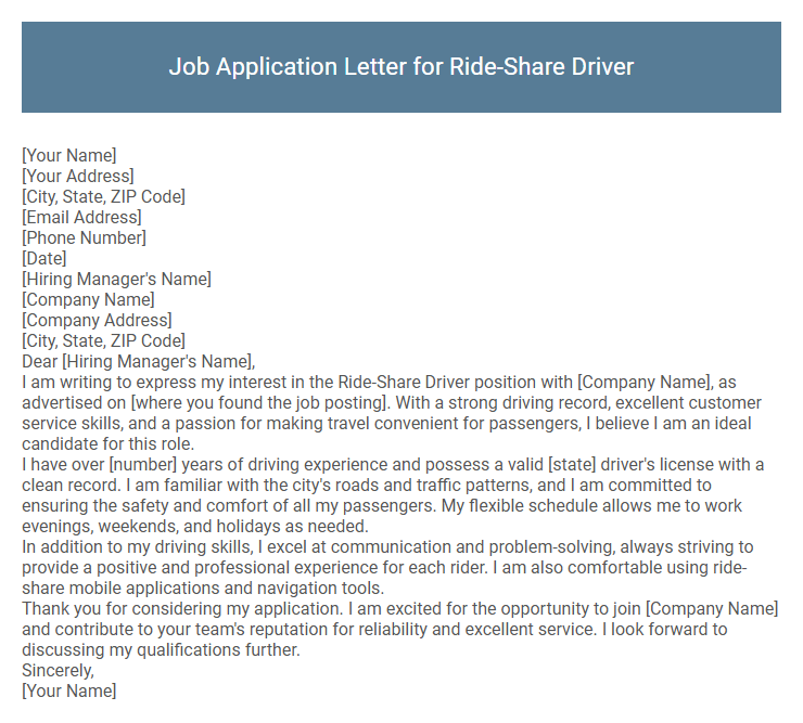 Job Application Letter for Ride-Share Driver