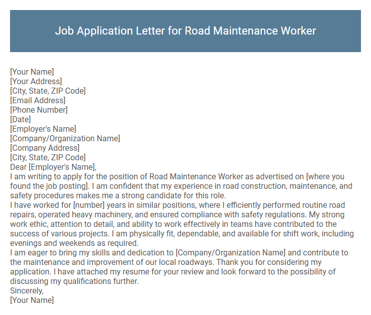 Job Application Letter for Road Maintenance Worker