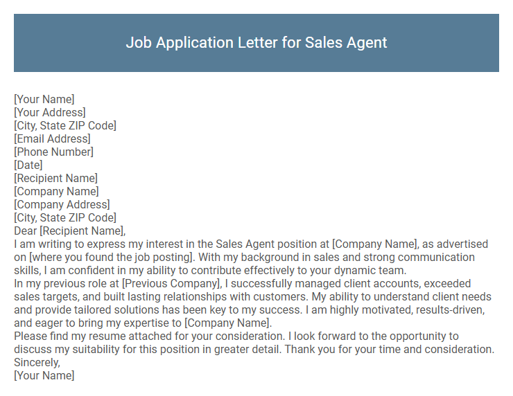 Job Application Letter for Sales Agent