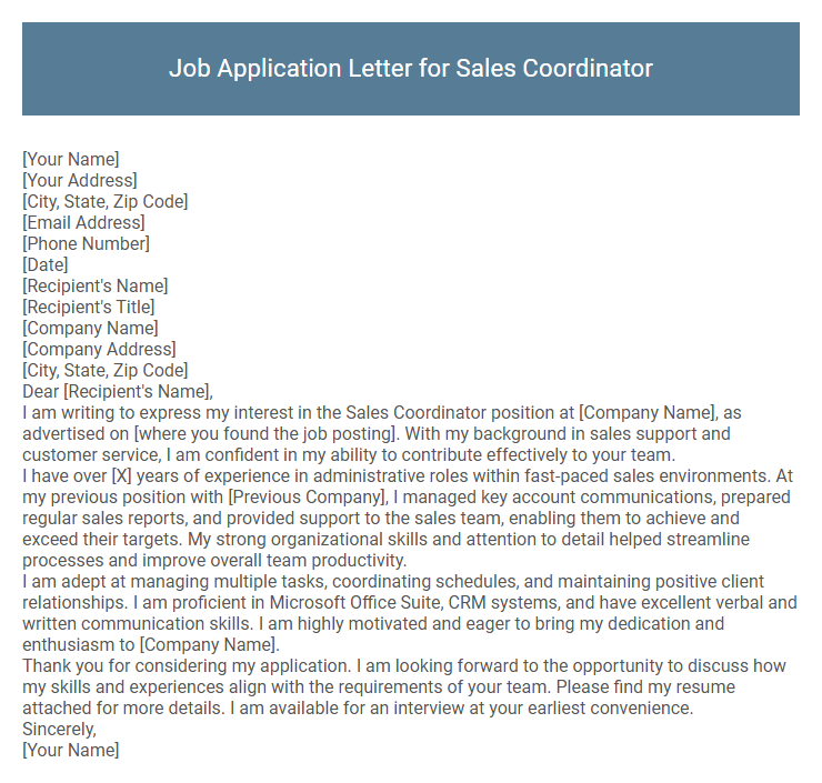 Job Application Letter for Sales Coordinator