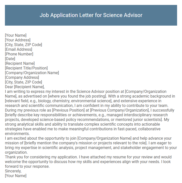 Job Application Letter for Science Advisor
