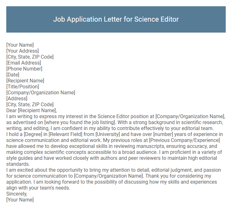 Job Application Letter for Science Editor