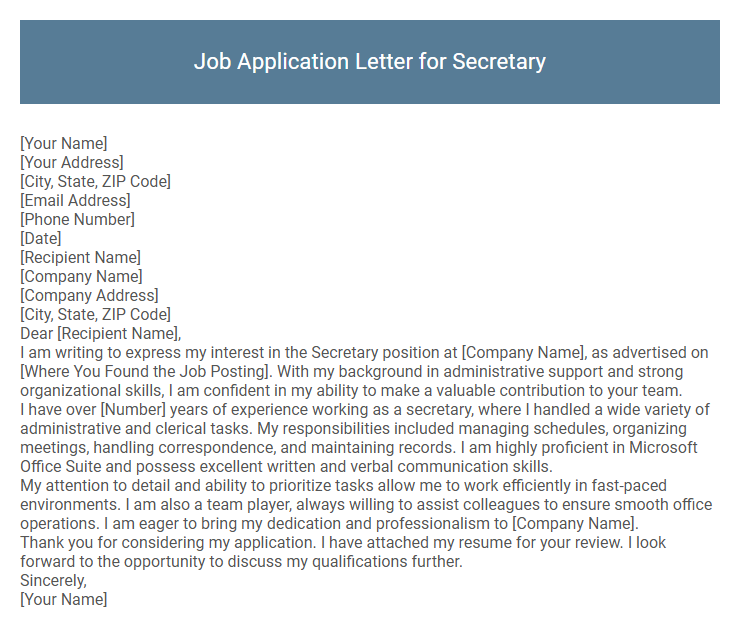Job Application Letter for Secretary