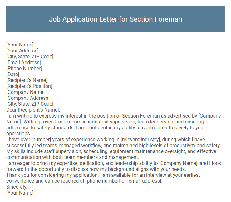 Job Application Letter for Section Foreman