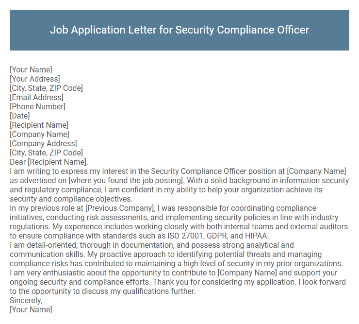 Job Application Letter for Security Compliance Officer
