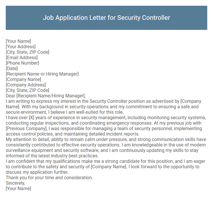 Job Application Letter for Security Controller