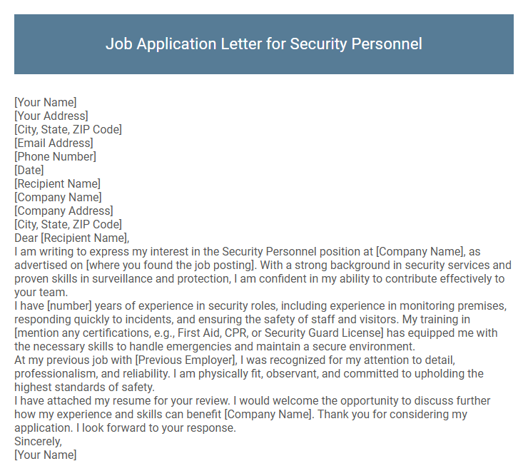 Job Application Letter for Security Personnel