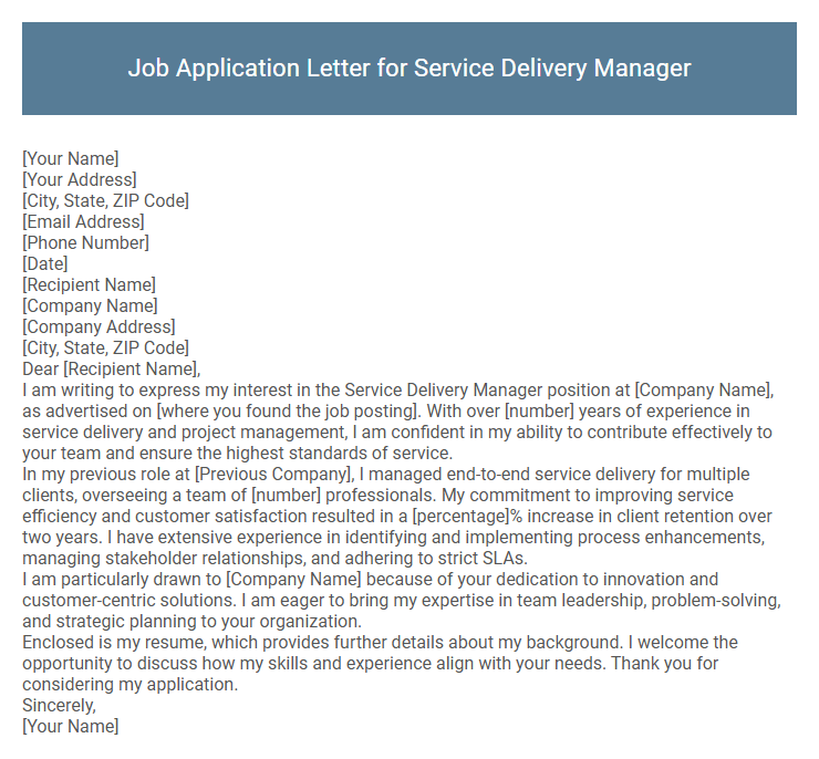 Job Application Letter for Service Delivery Manager