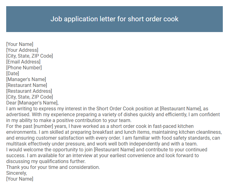 Job application letter for short order cook