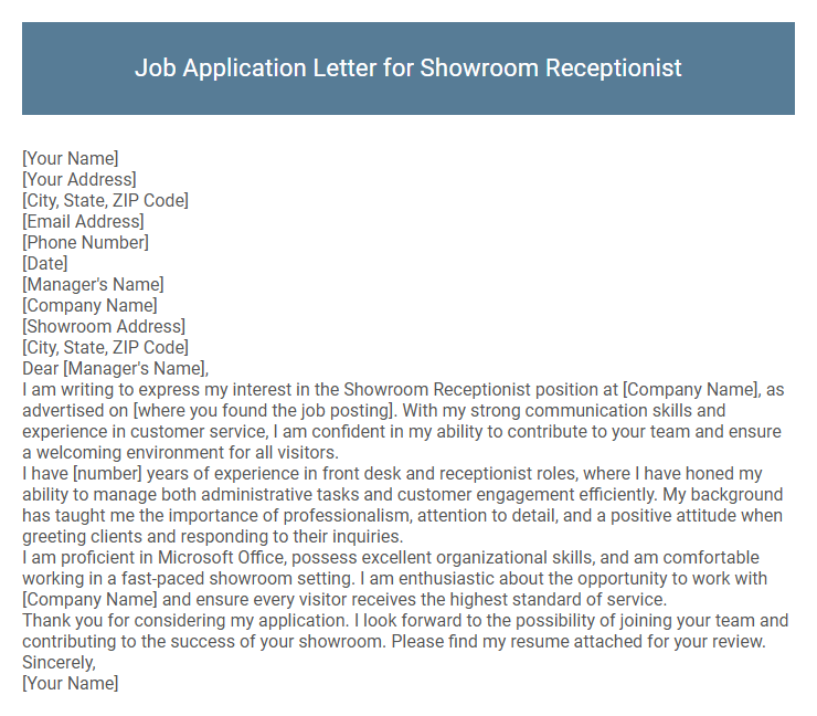 Job Application Letter for Showroom Receptionist