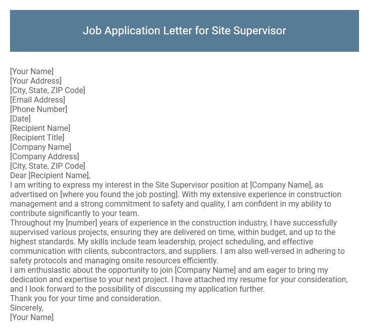Job Application Letter for Site Supervisor