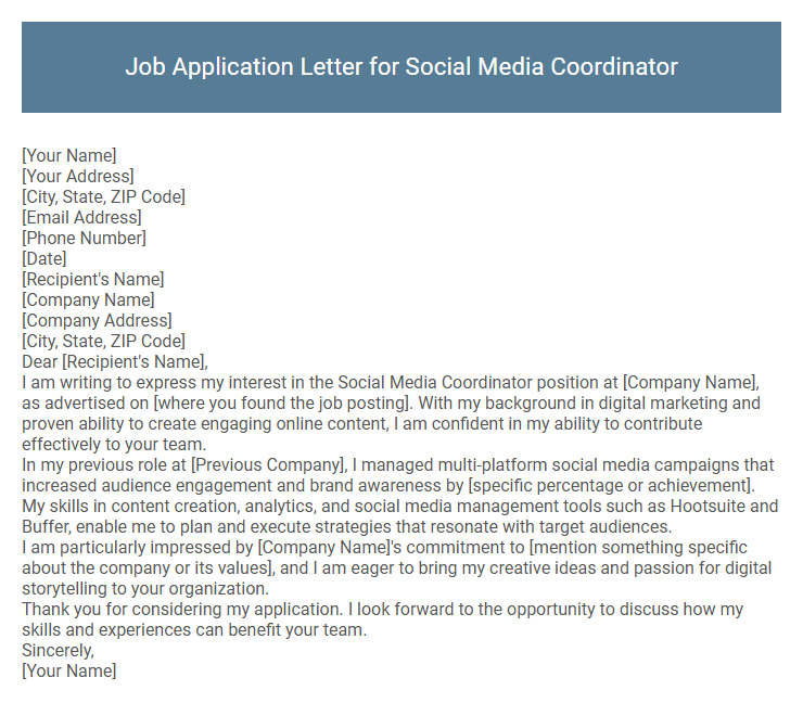 Job Application Letter for Social Media Coordinator