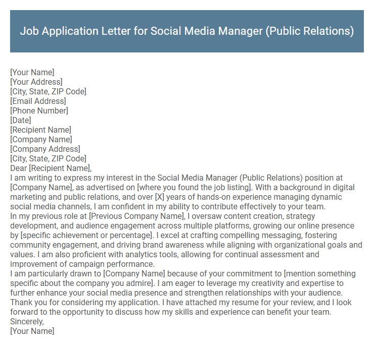 Job Application Letter for Social Media Manager (Public Relations)