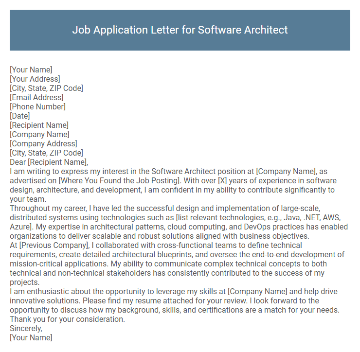 Job Application Letter for Software Architect