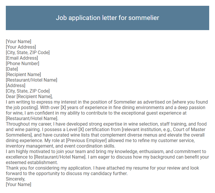 Job application letter for sommelier