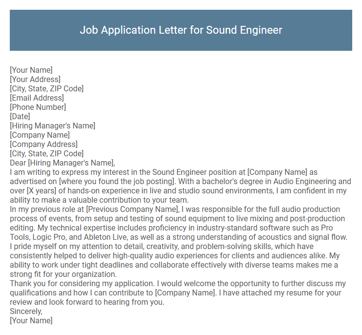 Job Application Letter for Sound Engineer