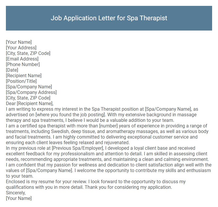 Job Application Letter for Spa Therapist