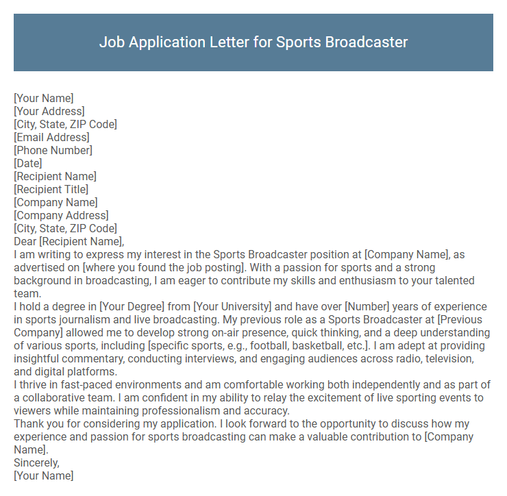 Job Application Letter for Sports Broadcaster