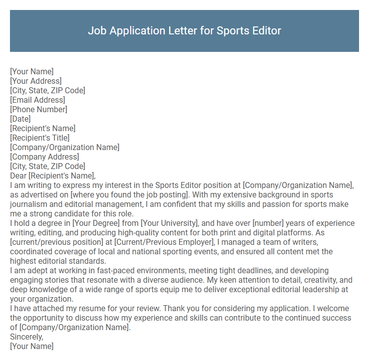 Job Application Letter for Sports Editor