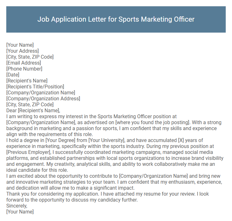 Job Application Letter for Sports Marketing Officer