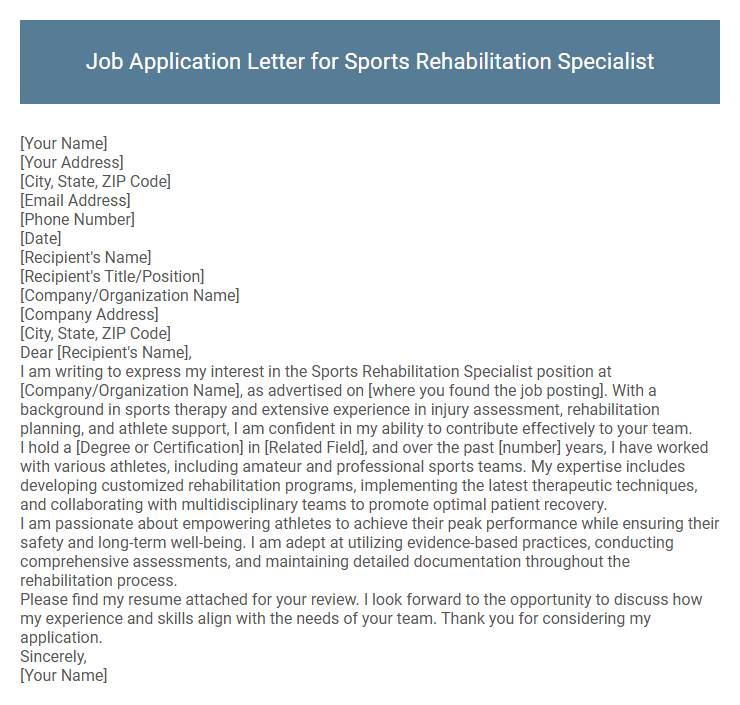 Job Application Letter for Sports Rehabilitation Specialist