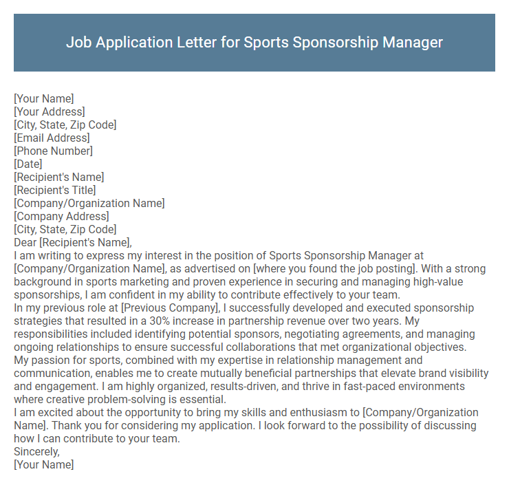 Job Application Letter for Sports Sponsorship Manager