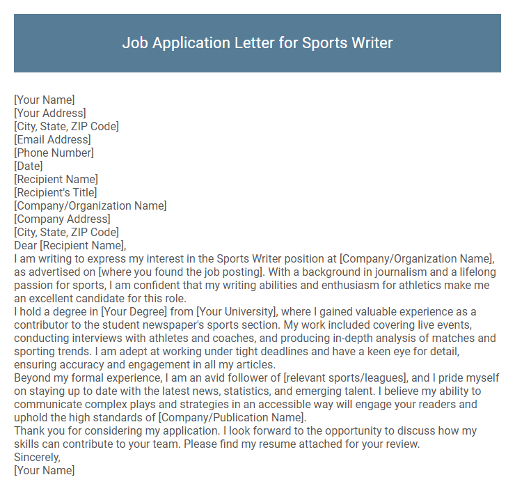 Job Application Letter for Sports Writer