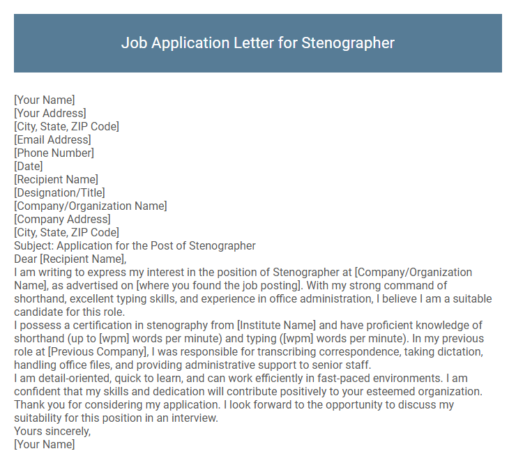 Job Application Letter for Stenographer