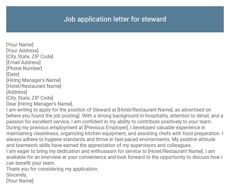 Job application letter for steward