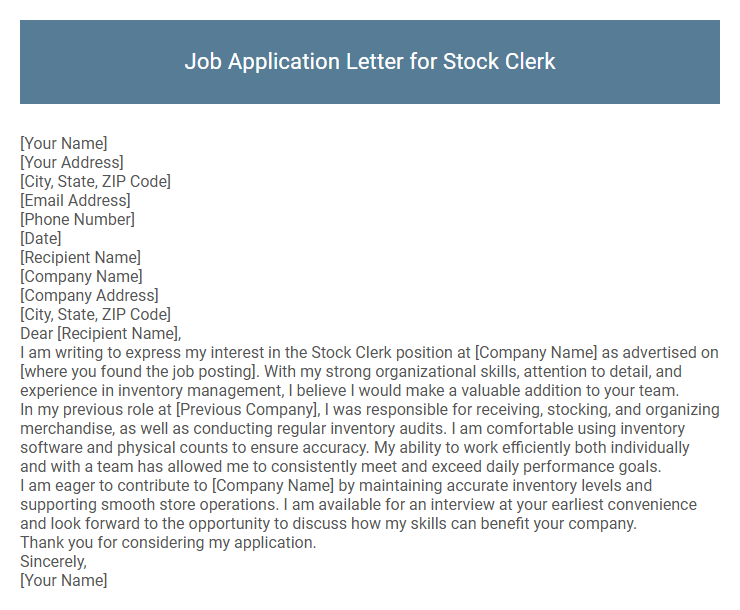 Job Application Letter for Stock Clerk