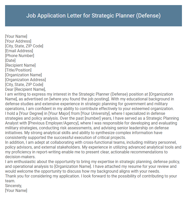 Job Application Letter for Strategic Planner (Defense)