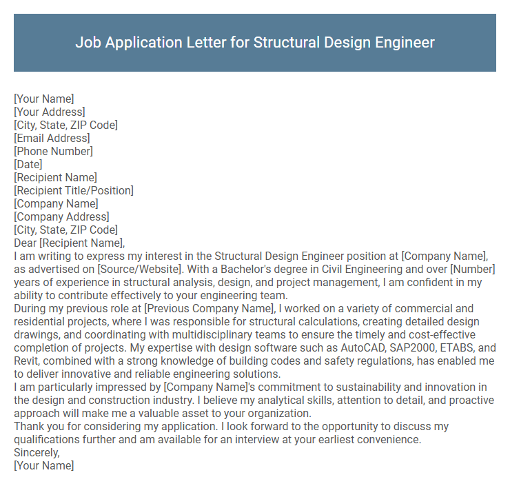 Job Application Letter for Structural Design Engineer
