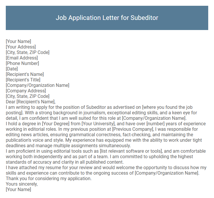 Job Application Letter for Subeditor